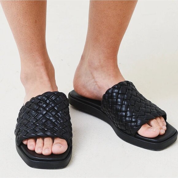 Vince Shoes - Vince Size 6.5 Black Rumi Woven Leather Slip On Comfort Flats Slide Sandals